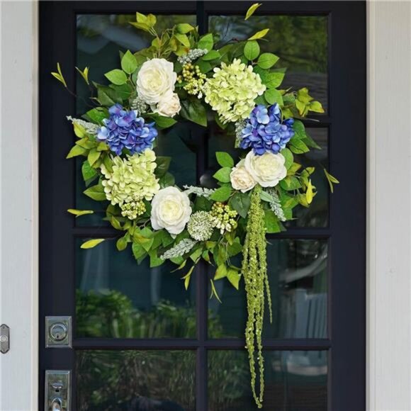 23 Inch Summer Wreaths for Front Door, Soomeir Blue and Green Hydrangea Flower - Picture 1 of 7